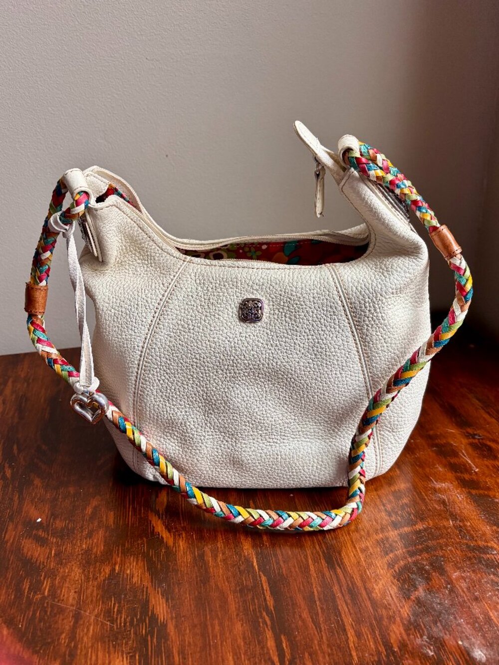 Brighton White Pebbled Leather Hobo Bag w/ Braided Strap